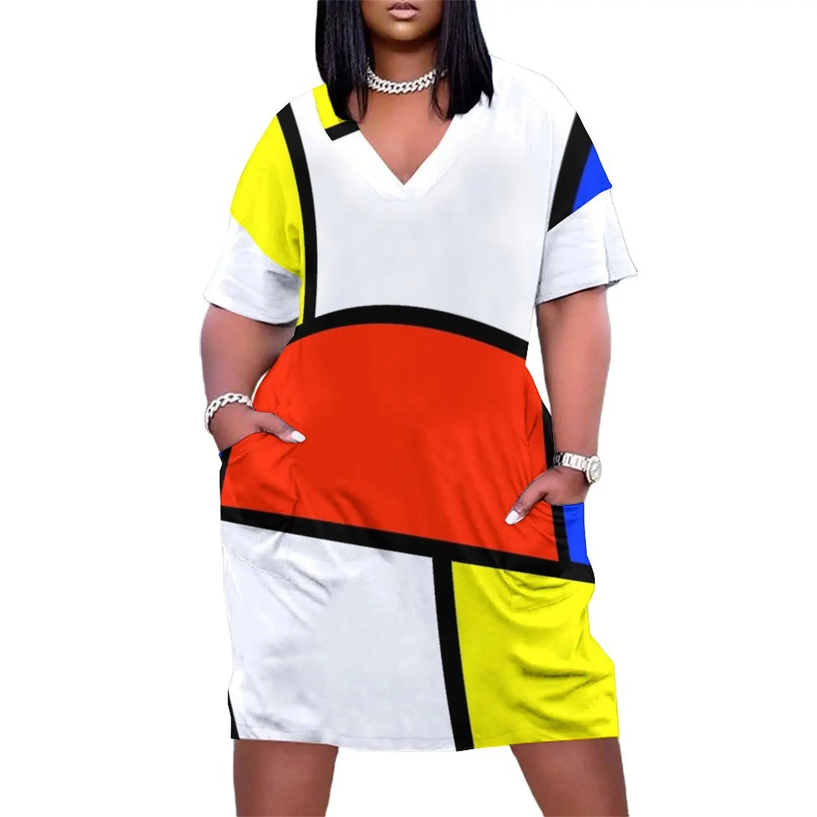 Mondrian Art Style Loose Pocket Dress Woman