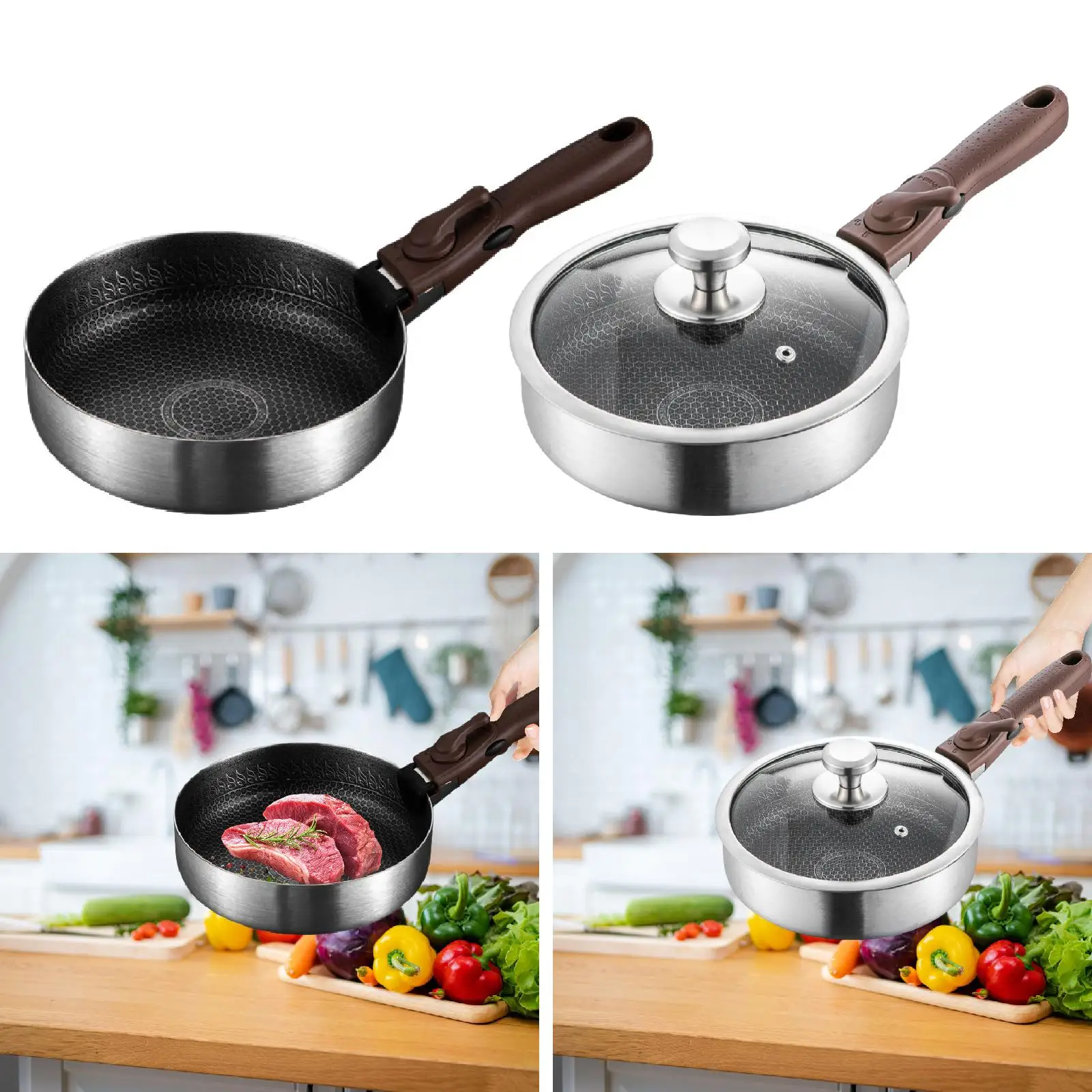 

Nonstick Frying Pan,316 Stainless Steel Multipurpose with Removable Handle Round Skillet,Saute Pan for Indoor Outdoor Cooking