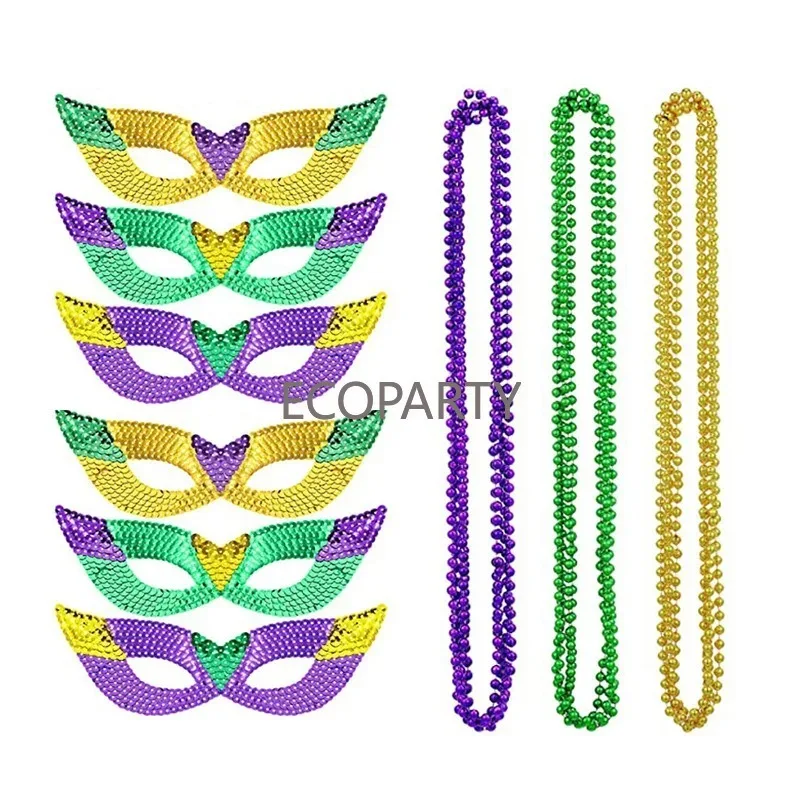 Mardi Gras Masks Necklaces Set Sequin Masquerade Face Masks Glittery Beaded Necklaces for Carnival Parade New Orleans Mardi Gras