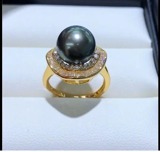 

Gorgeous Giant AAAAA 10-11mm Authentic Natural South China Sea Black Round Pearl Ring 925s