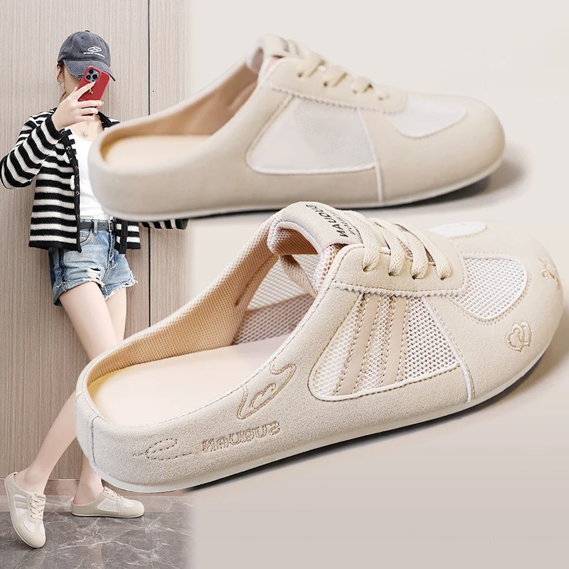 Women Korean Style Closed Toe Mules, Breathable Mesh Fashion Casual Slip On Outdoor Slippers, Versatile Backless Walking Shoes