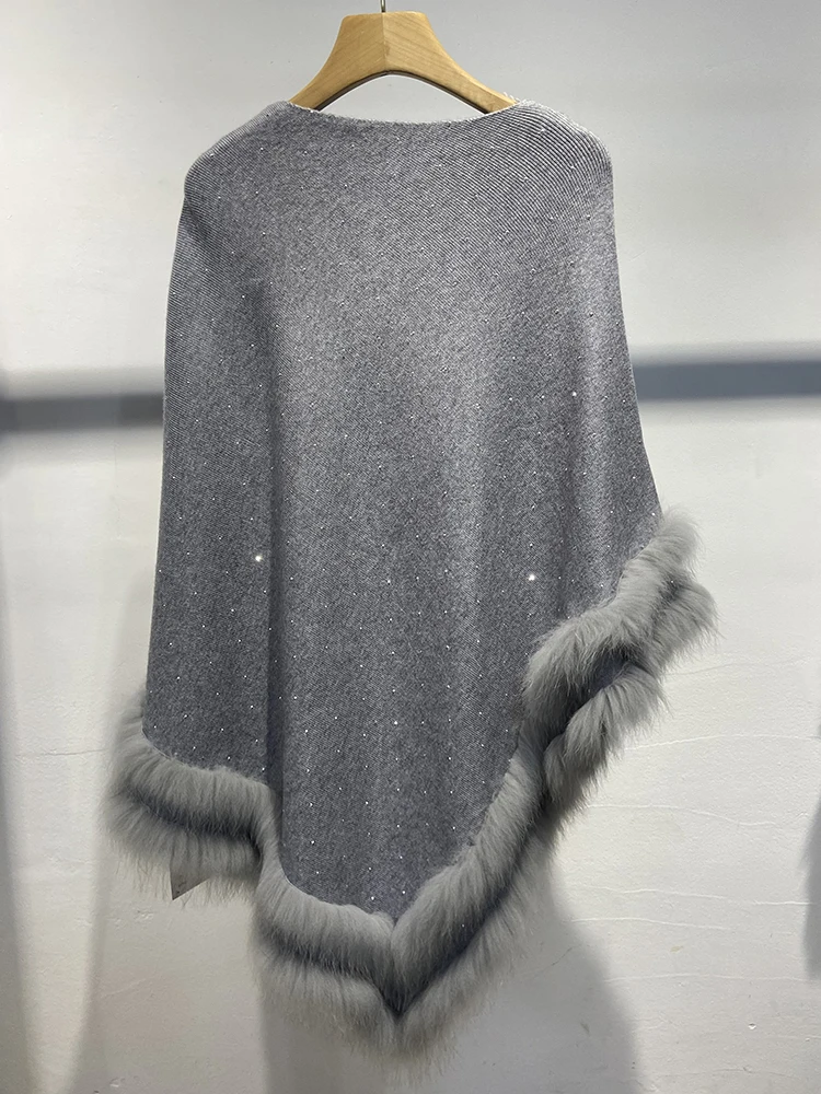 Women Autumn Real Fox Fur Knitted Oversize Grey Sweater Cloak Real Fox Fur Diamond Solid Knitted Cape