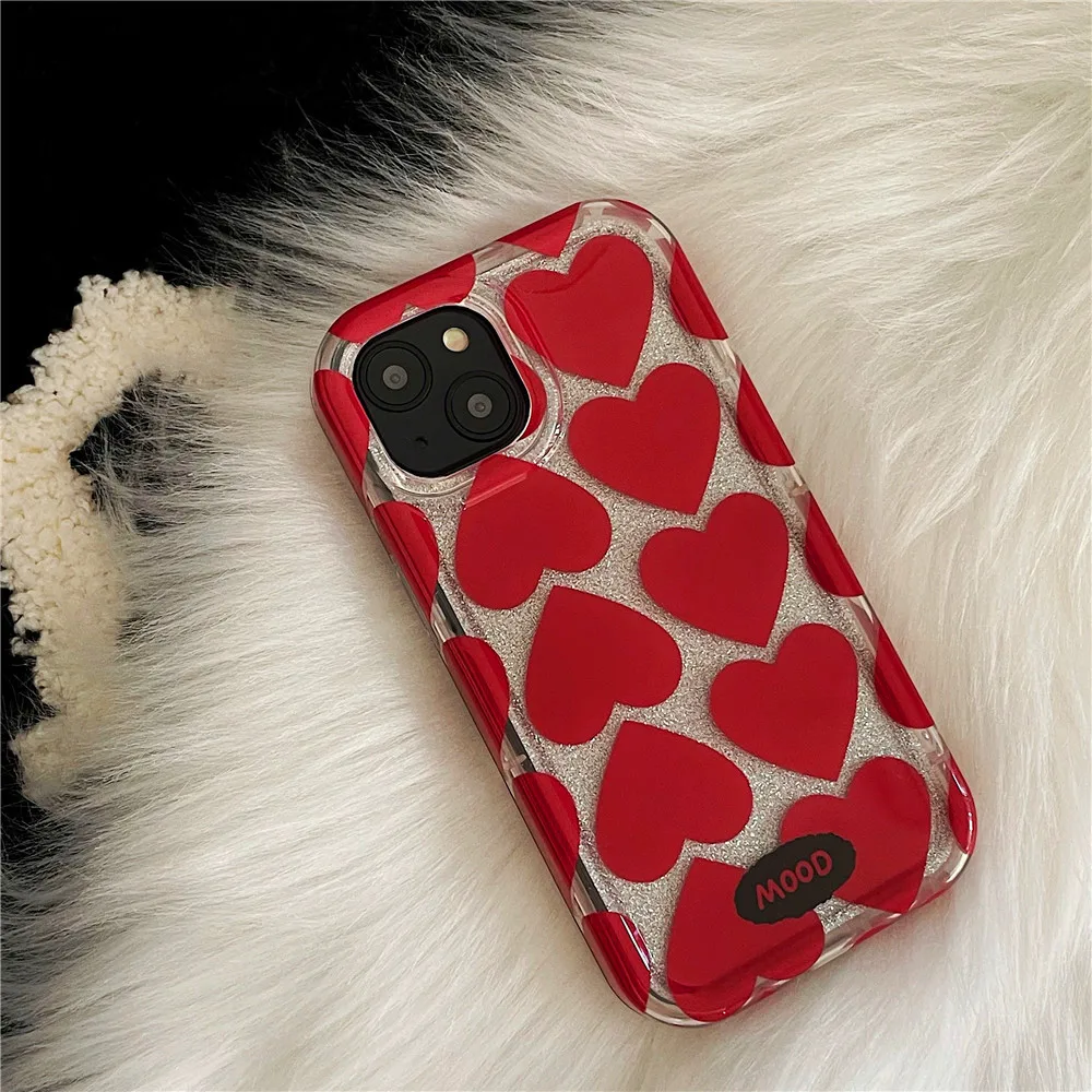 Cute Love Red Heart Coque Phone Case for Iphone 13 14 Pro Max 12 15 Pro Max 11 Shockproof Cover Bumper Capa for Women