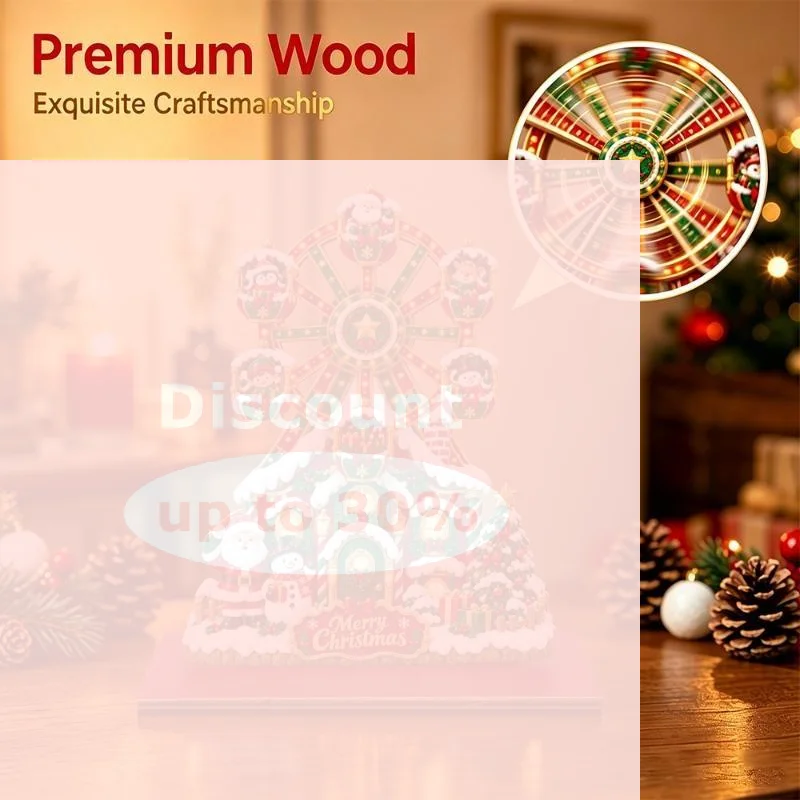[1PC 2D Flat Christmas Wooden Ferris Wheel Decor, Spinning Xmas Tabletop Ornament, Santa Snowman Holiday Home Decoration]
