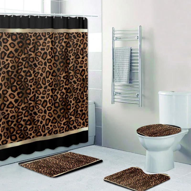 

Luxury Black Gold Leopard Pattern Bathroom Shower Curtain Set for Bathroom Animal Bath Mats Rugs Toilet Accessories Home Decor