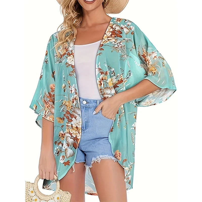 Summer Women'S Short Sleeve Kimono Cardigan Color Block Sheer Shawl Capes Chiffon Beach Cover-Up Casual Loose Flowy Blouse Tops