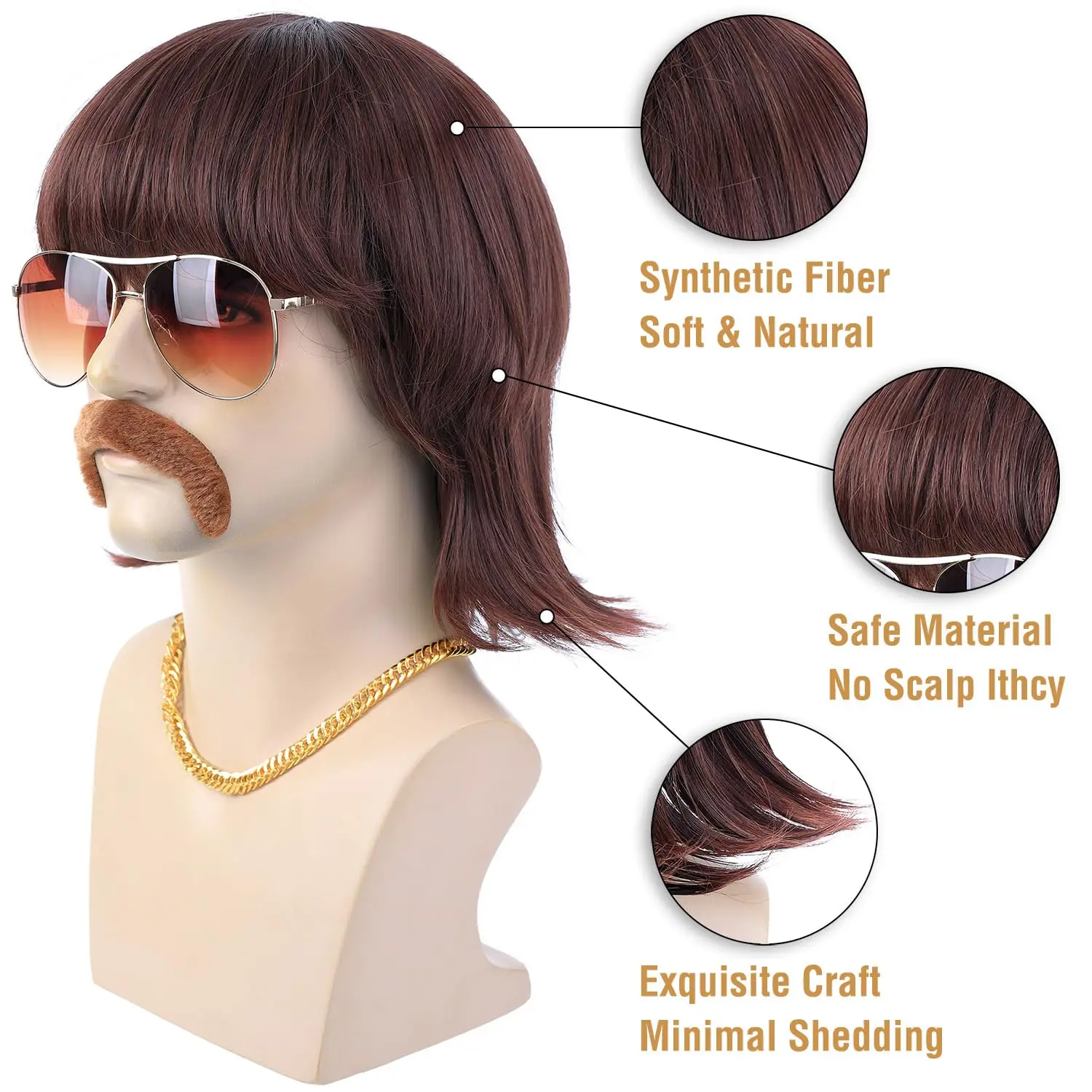 80s Disco Wig 5pcs Synthetic Short Brown Mens Mullet Wig for 60s Singer Rocker Hippies Costume Cosplay Halloween Party