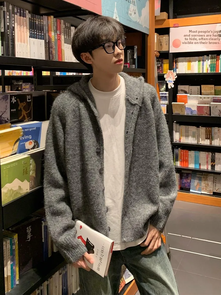 

ay Hooded Open Cardigan Men's Sle American Retro College Lazy Knitted Sweater Jaet Casual Wear for Teen Boys