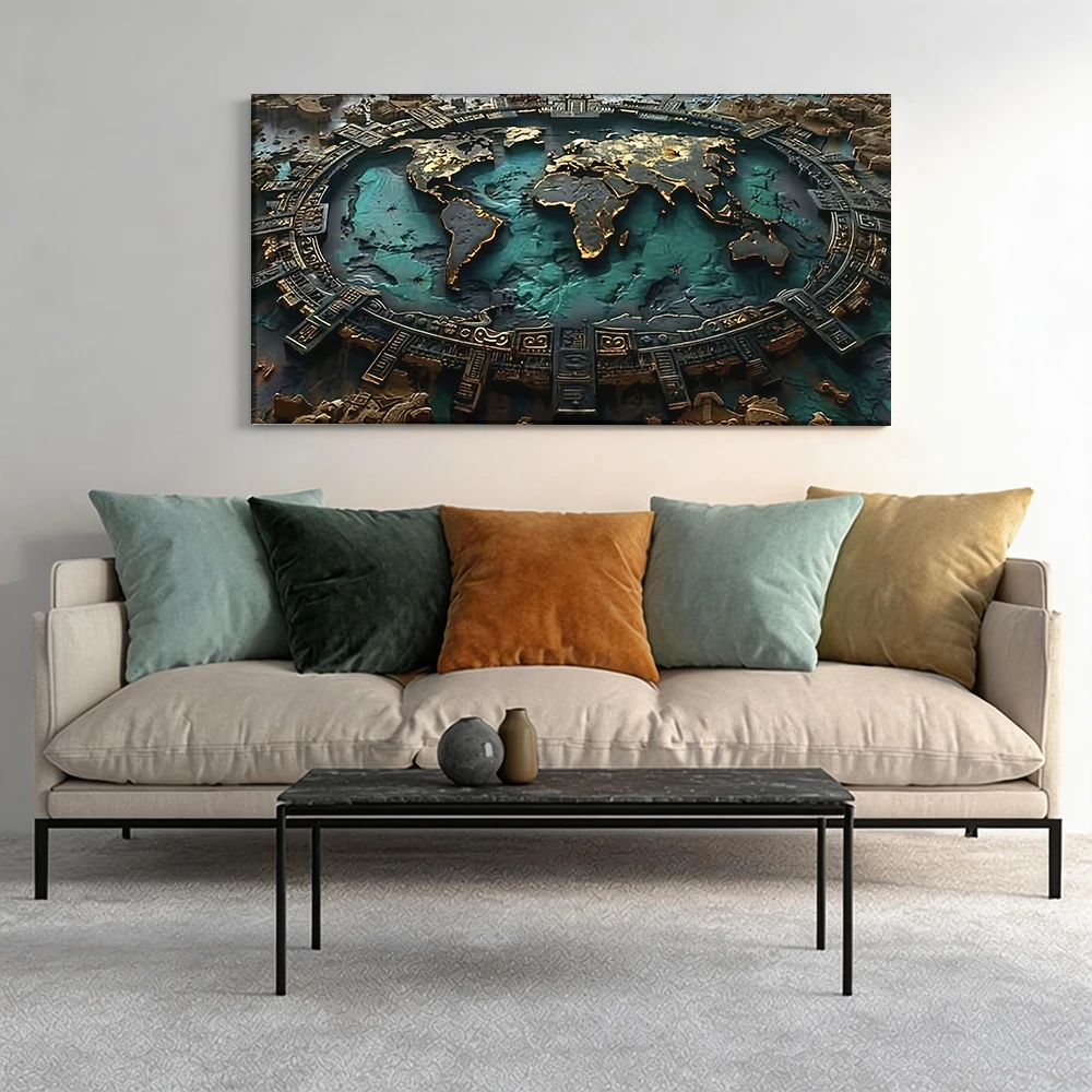 

2D flat printing 1pcOrnate Circular World Map Patterns Large-sized canvas painting, for corridor and bedroom decoration