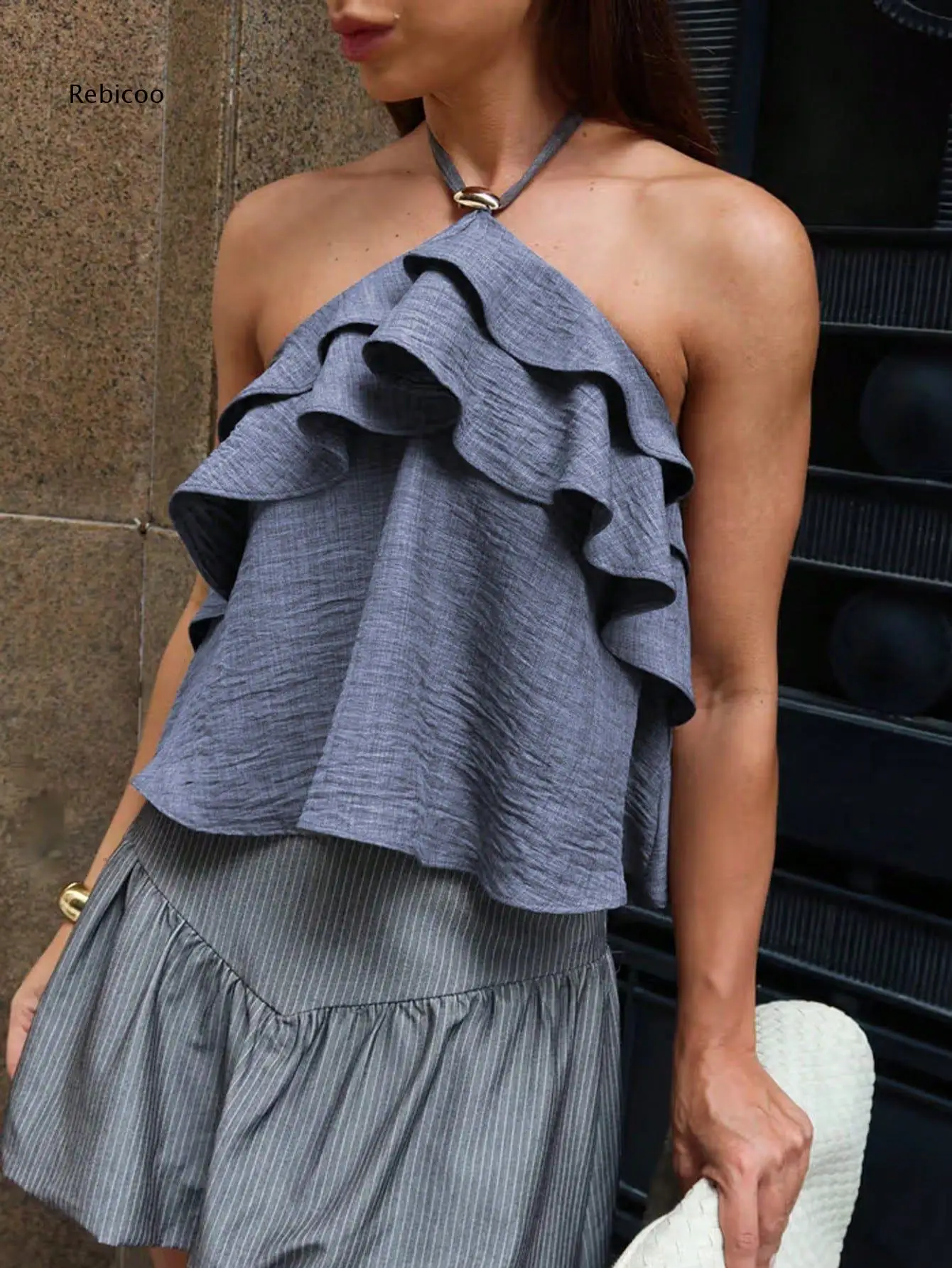 Womens Layered Ruffle Halter Neck Blouse Metal Ring Detail Sleeveless Loose Crinkled Crop Top For Chic Summer Daily Wear Looks