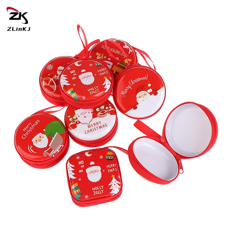 Christmas Tinplate Coin Purse Earphone Storage Case Santa Claus Elk Pattern Coin Purse 2024 New Year Gift Lucky Bag Red Random