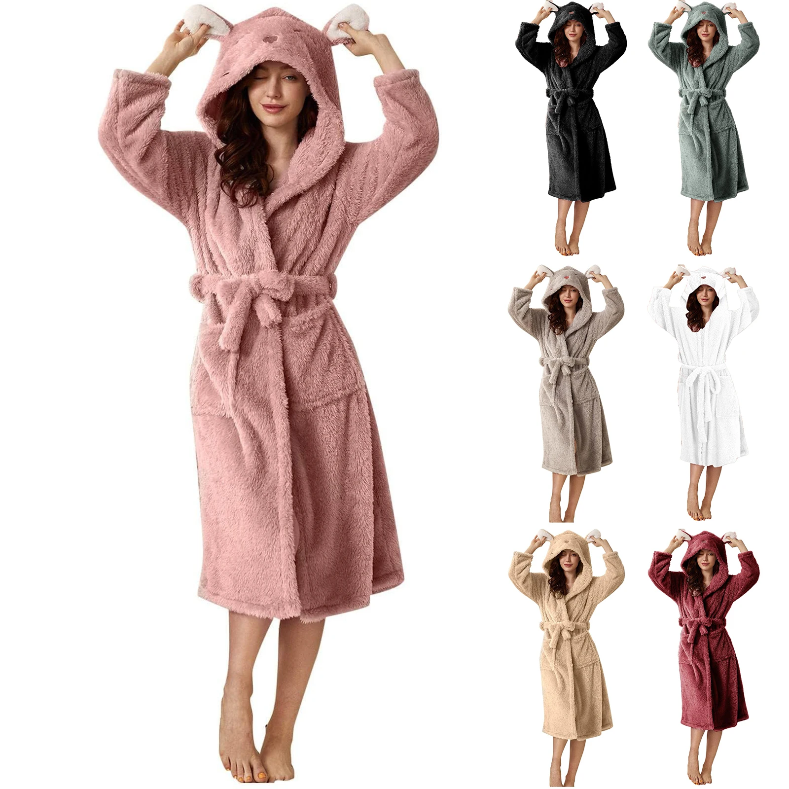 Fall and Winter Plush Thicken Night Robe Basic Solid Color Bathrobe with Rabbit Shaped Hooded Soft Comfortable Home Wear