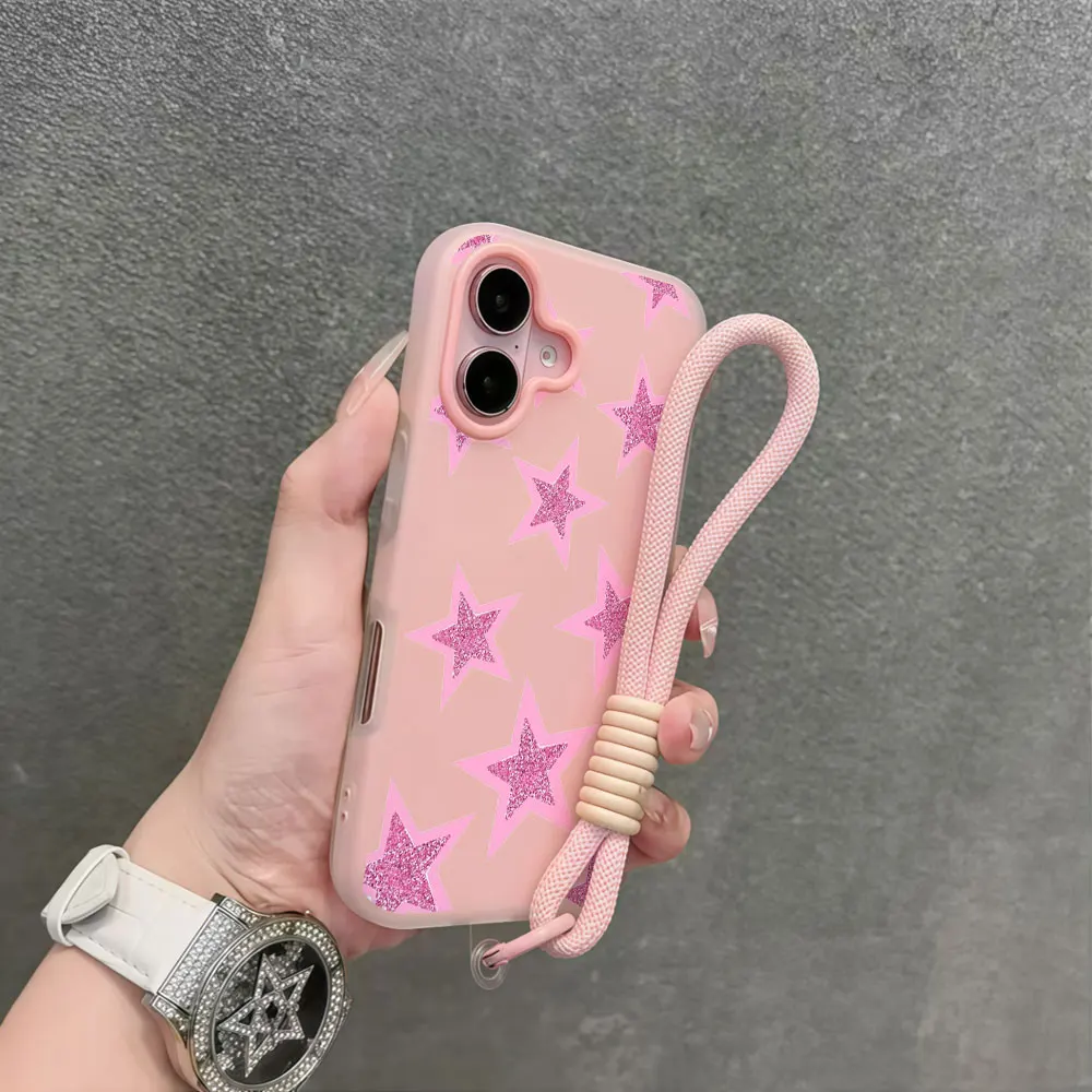 Phone Case For iPhone17 Pro Max 16 13 12 15 14 11 Pro Max Air XS XR 16 14 7 15 8 Plus X Pink Star INS Lanyard Wrist Strap Cover view 3