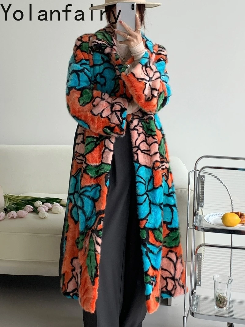 YOLANFAIRY High Quality Splicing Mink Fur Jacket Women's Clothes 2025 Winter Long Real Fur Coats Woman Printed Long Fur Coat