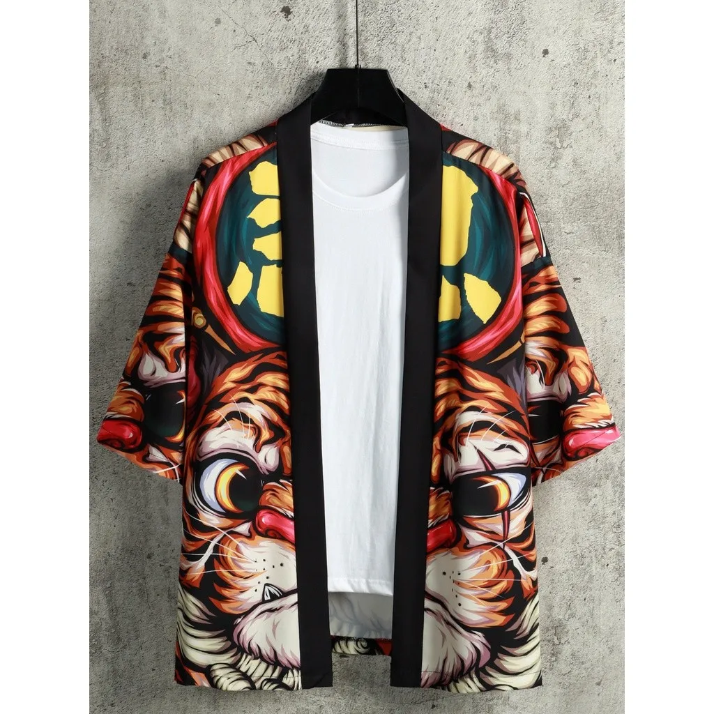 أزياء الصيف سترة أنيمي الكرتون النينجا النمر نمط الرجال كيمونو قصيرة الأكمام مفتوحة الجبهة بالأزرار زائد الحجم و** & #2