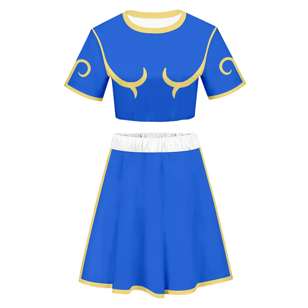 Costume de Cosplay Chun Li imbibé de mode d'été, ensemble chemise et jupe, tenues pour femmes, déguisement de fête de carnaval d'Halloween, vêtements de jeu en plis