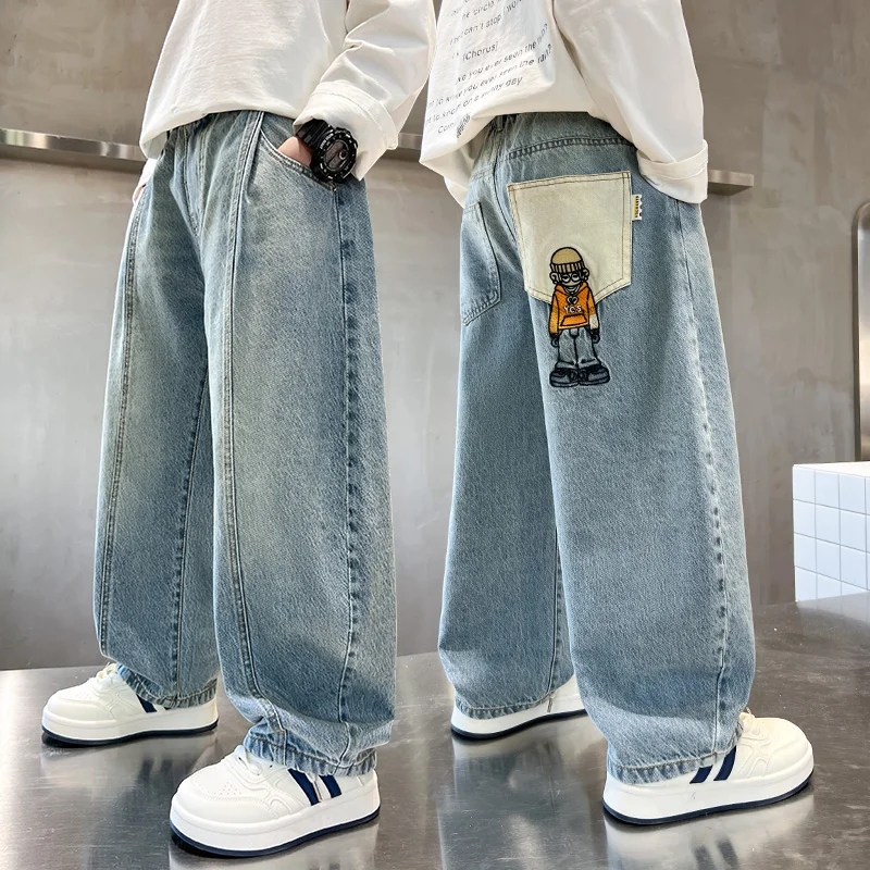 

Джинсы прямого кроя для мальчиков, свободные повседневные брюки, новинка весенне-осеннего сезона, модные длинные брюки для школьников младших классов