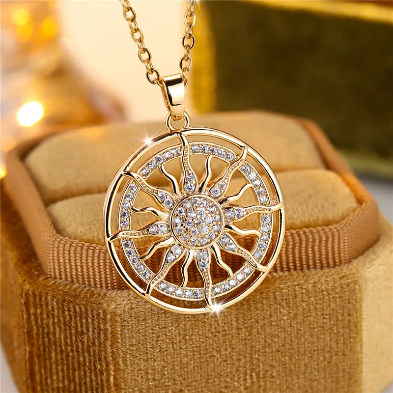 Female Crystal White Zircon Stone Pendant Necklace Vintage Big Sunflower Wedding Jewelry For Women