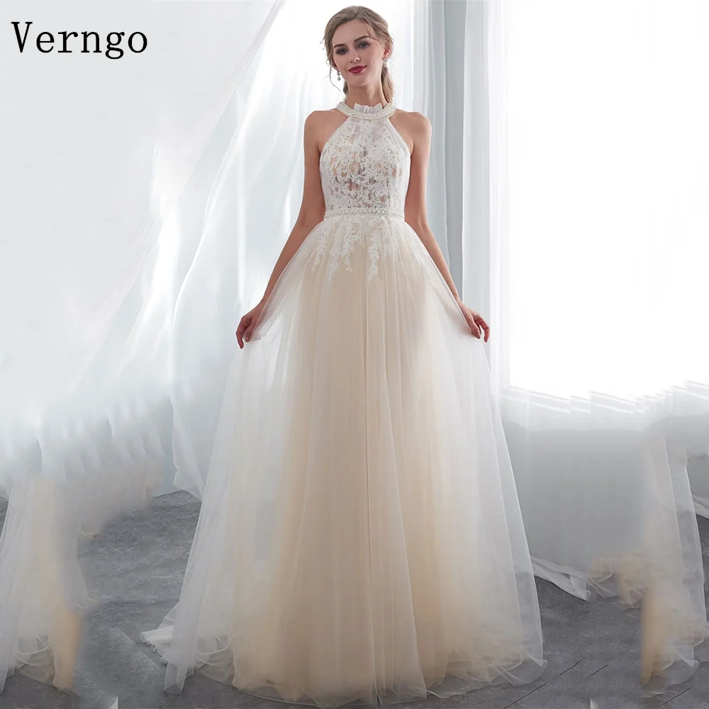 Verngo lvory Tulle Appliques Wedding Dresses Halter A Line Bridal Gowns Elegant Pearls Maxi Bride Dresses Customized