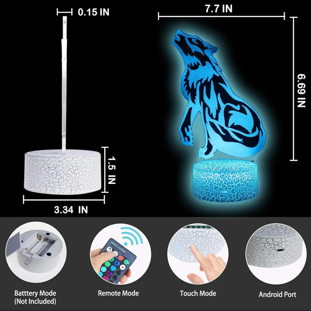 Wolf 3D Illusion Lamp LED Acrylic Night Light, 7 colores cambiantes, decoraciones para dormitorio, regalo de cumpleaños para niños, lámpara de