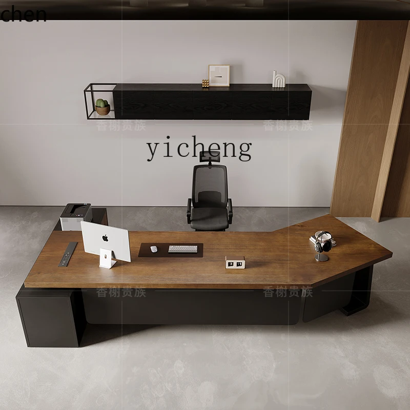 ZML مكتب كمبيوتر مكتبي من الخشب الصلب الراقية، طاولة رئيس بسيطة وحديثة ومبتكرة على شكل خاص مع خزانة جانبية #4