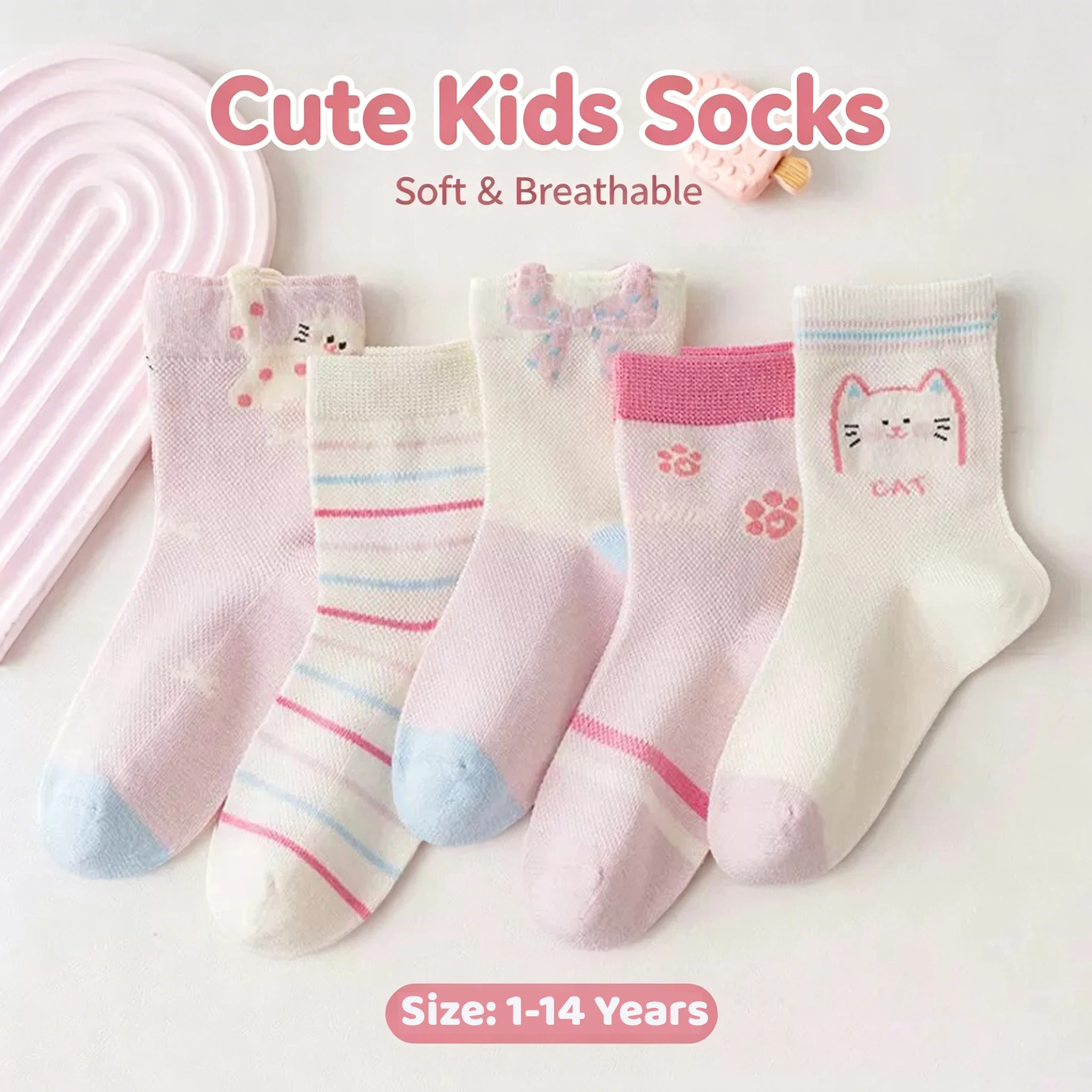 5 Pairs Kids Girls Summer Mesh Socks, Cute Cat Bow Print Thin Breathable Soft Children Mid‑Calf Socks for 1‑14 Years Old
