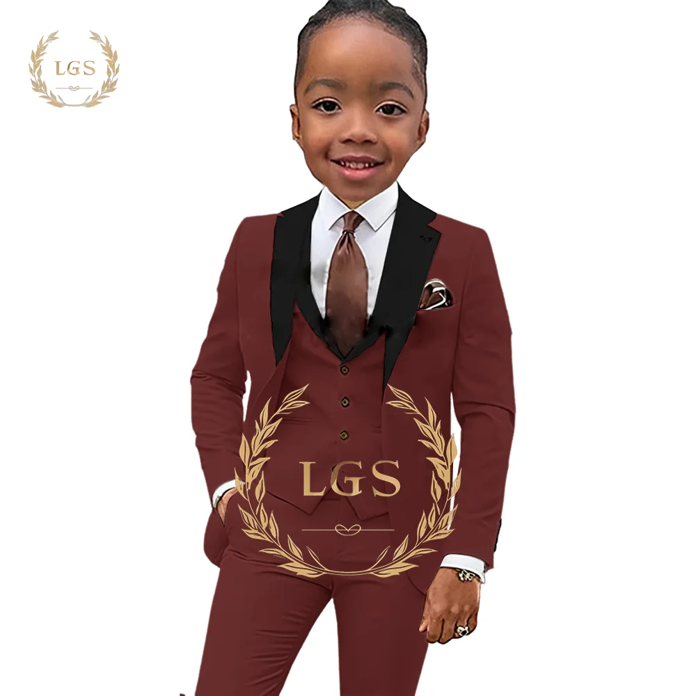 

Burgundy Suit Black Notch Collar Boys Casual 3 Piece Set - Handmade Slim Fit Blazer Vest Pants Suit Suitable for Wedding Party