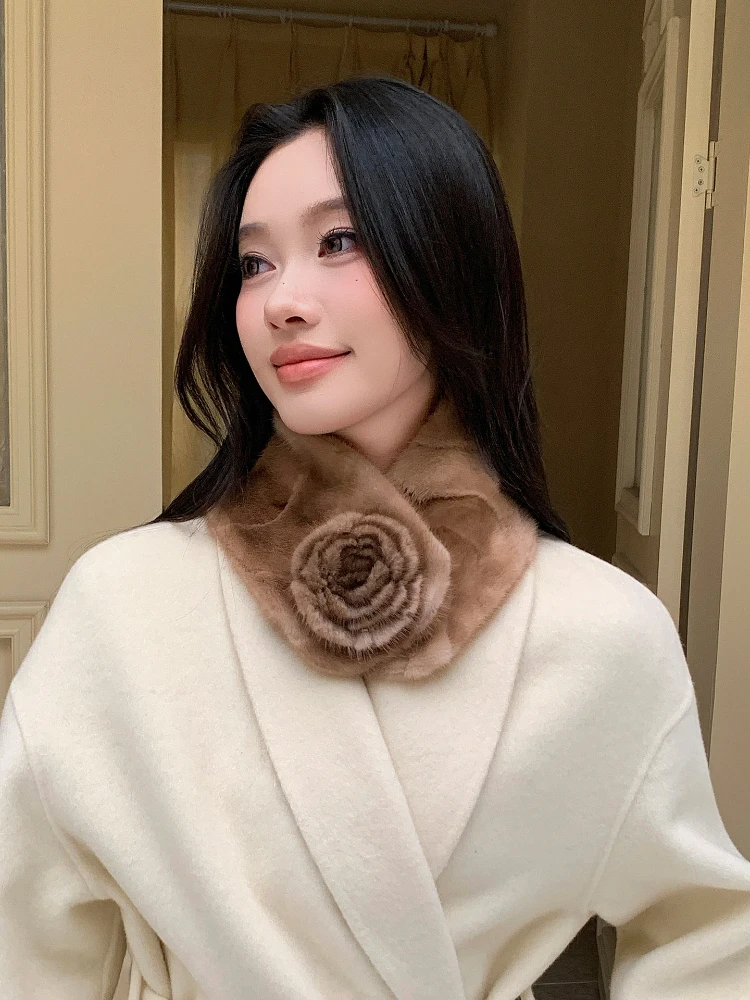 

Real Natural Mink Fur Flower Scarves Cross Scarf For Women Autumn Winter Keep Warm Thick Neck Collar Solid Color Girl Gifts