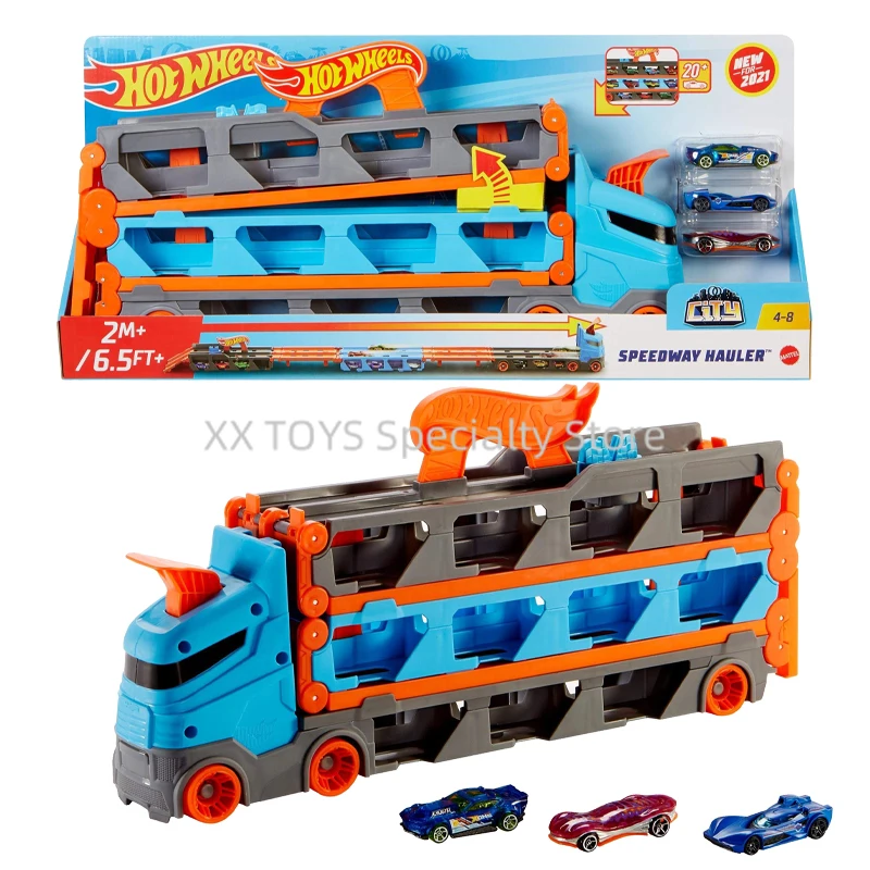 

Hot Wheels Speedway Hauler Storage Carrier with 3 1:64 Scale Cars & Convertible 6-Foot Drag Race Track Boys Ejector Slide Toys