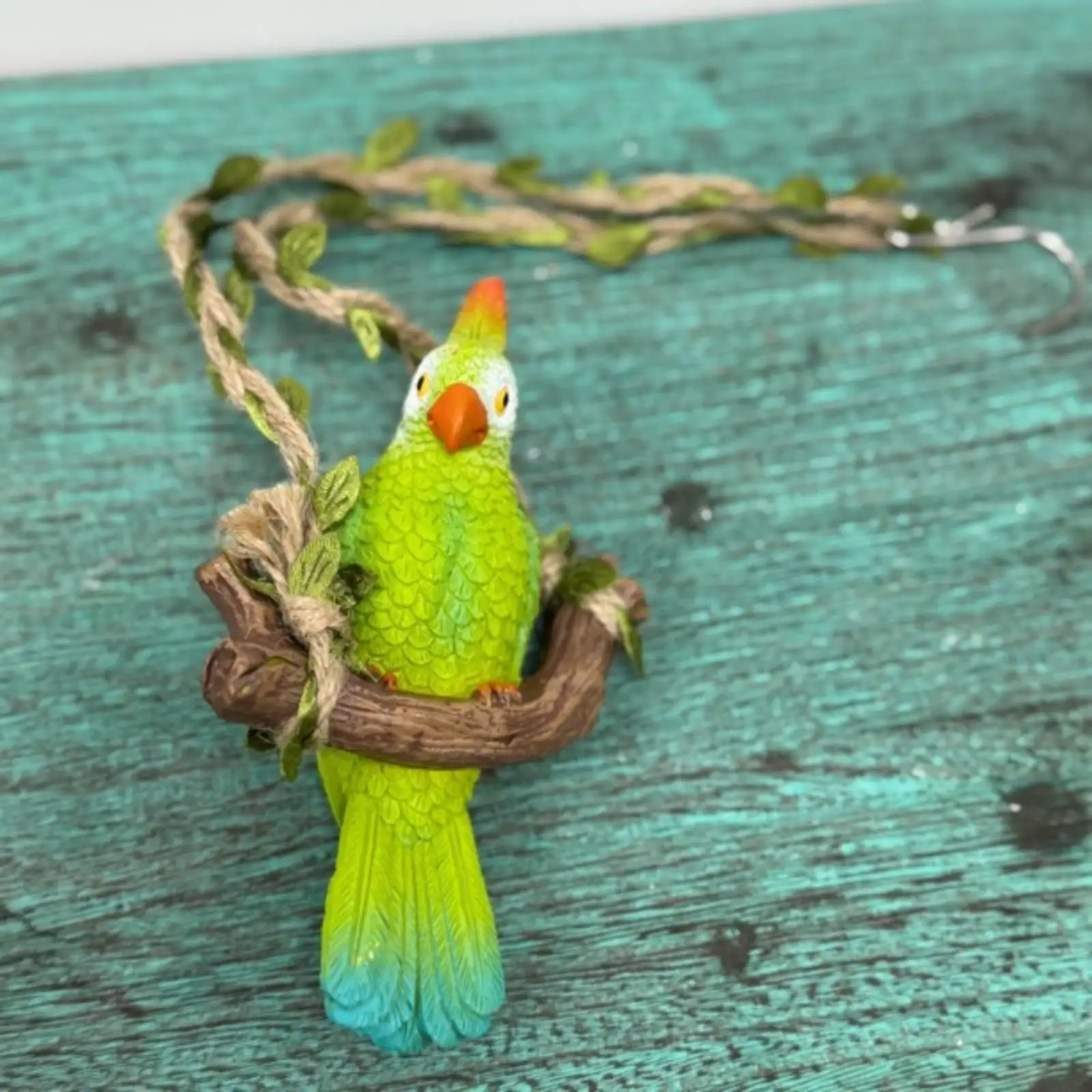 Tropical Resin Parrot on Swing Figurine Rustic Hemp Rope Hanger for Patio Balcony Outdoor Decor