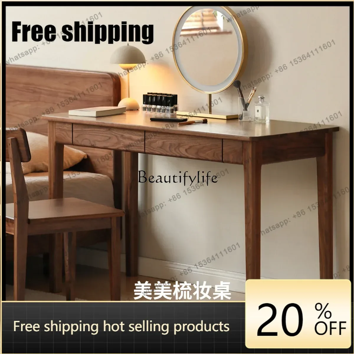 X4 Solid wood desk with drawers by window Black walnut table