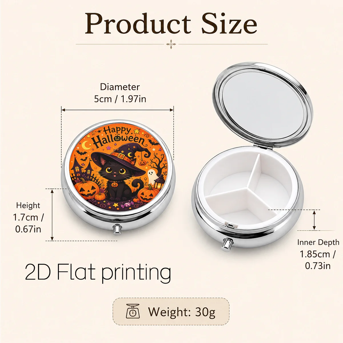 1Pc, Flat Printing Pill Box with Halloween Black Cat, Pumpkin, and Witch Patterns, Holiday Illustration Design, Three-Compartment Portable Metal Storage Box for Small Items, Compact Jewelry Box, Personal Medicine Pill Dispenser Box.