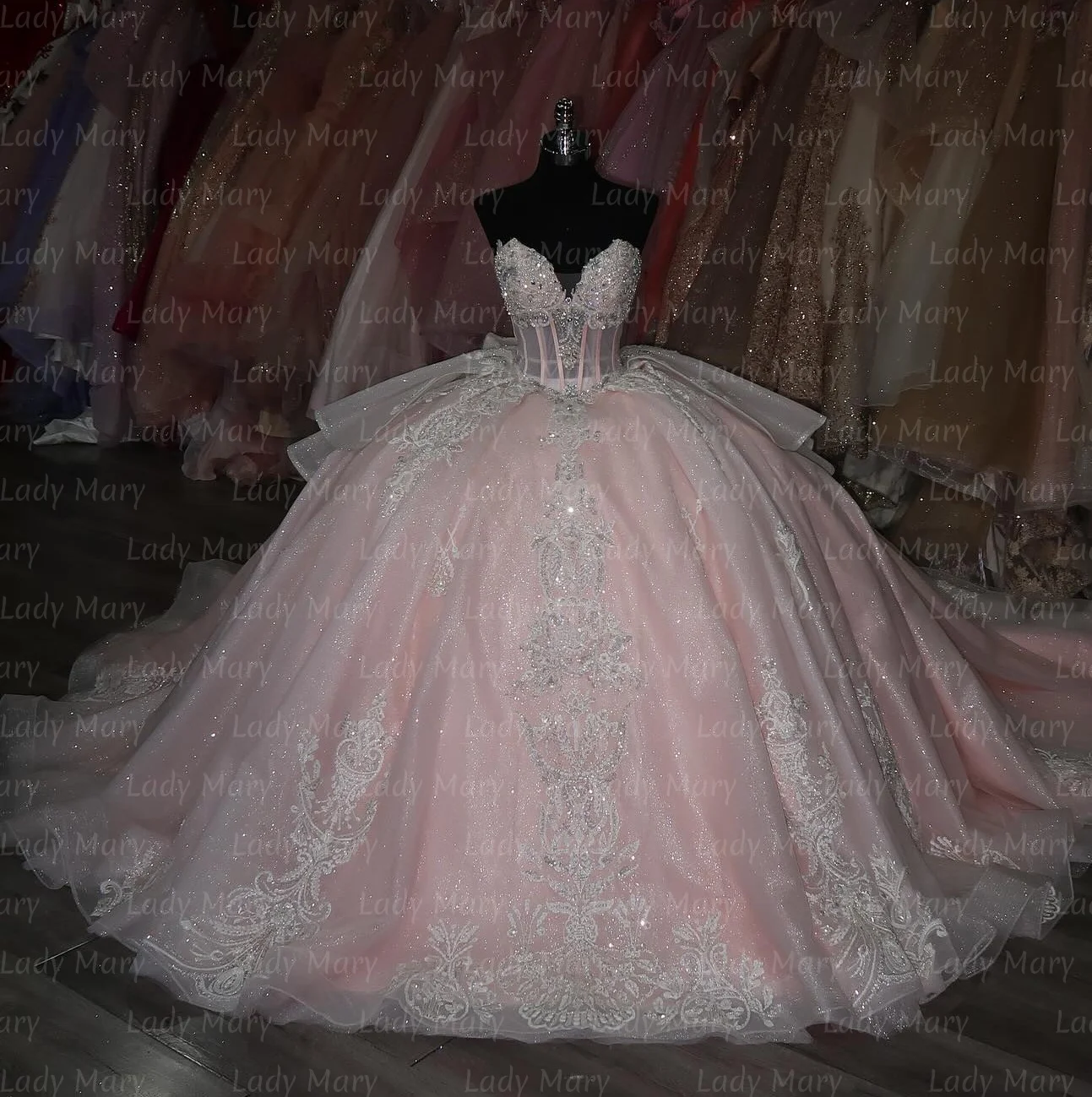 

Блестящее светло-розовое платье Quinceanera с аппликацией и блестками и бусинами, торжественное платье принцессы на день рождения с открытыми косточками, платья de 15, quinceañ