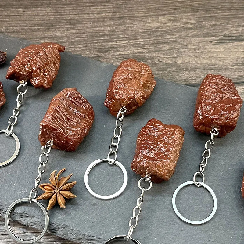 1pc Simulation Beef Block Beef Keychain Imitation Food PVC Beef Cubes Keyring Food Model Simulation Food Keychain