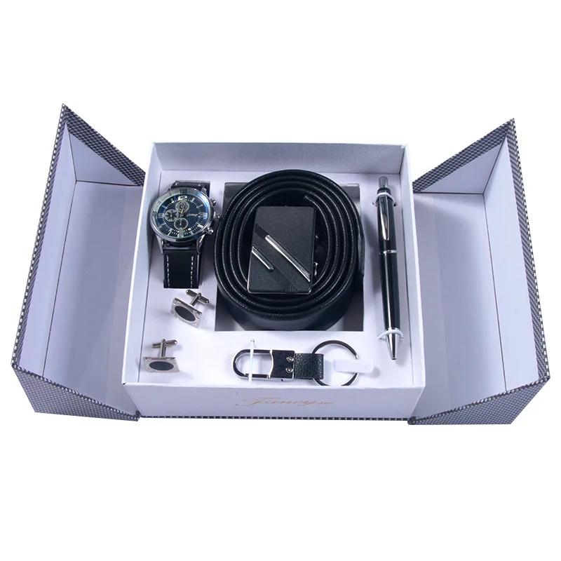 

New Fashion Watch Men’s Gift Set Wallet Belt Keychain Cufflinks Ballpoint Pen Quartz Wristwatches Men Gift Box Gifts for Him
