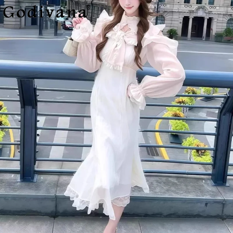 

Осень-зима, большой размер, французское ретро-темпераментное платье с воротником-стойкой, нежные женские длинные платья принцессы с милым бантом и рыбьим хвостом