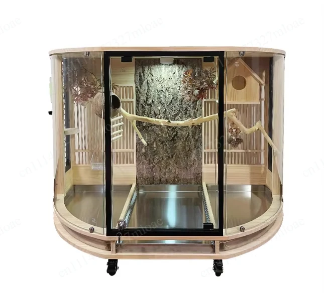 Panoramic view of Parrot Bird Cage Villa Luxury Solid Wood King Kong Grey Parrot Monk Queen Special Splash-proof Small Golden Su