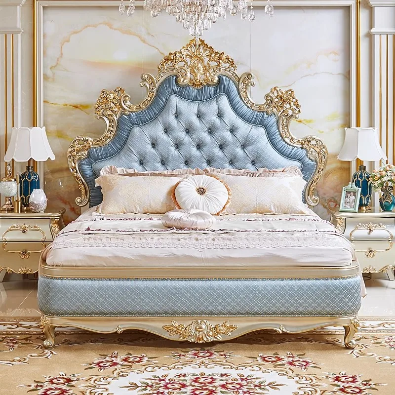 Luxury European Princess Bed French Solid Wood Carving Flower Blue Fabric 1.8 Meters Wedding Bed, Neoclassical Master Bedroom Fu