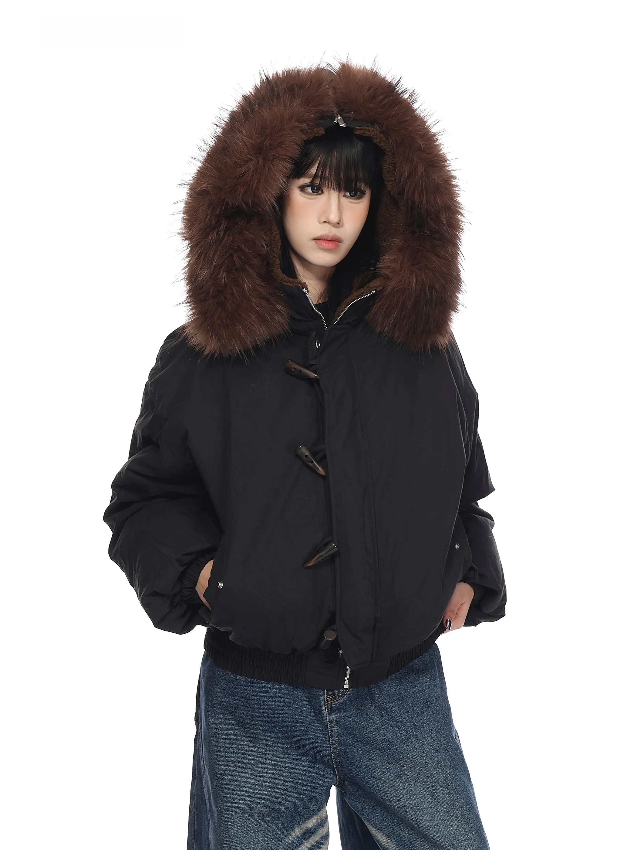 

VINMUK Chinese Sle Cotton Jaet with Fur Collar Loose Fit Button Design Warmth Guaranteed Trendy Winter Outerwear
