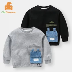 2025 Spring Autumn Fashion 2 3 4 5 6 7 8 10 Years Children Black Gray Denim Pocket Color Patchwork Sweatshirt For Kids Baby Boy