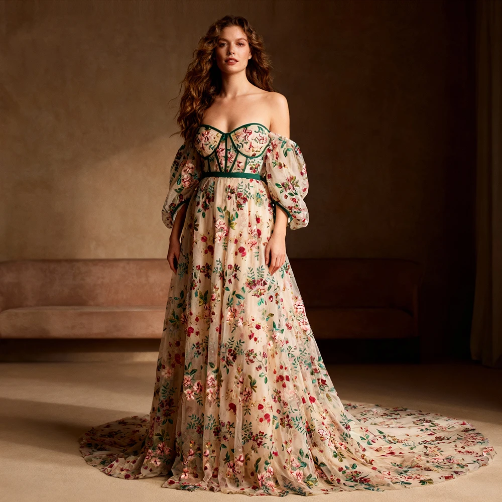 

Off Shoulder Lace Embroidery Brides Dress Floral Long Dress for Photo Shoot Photography Dresses for Photoshoot YW240083