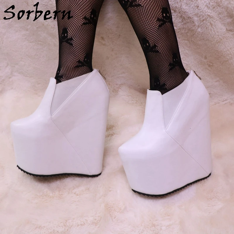 

Sorbern Iovry White Matte Ankle Boots Women Rear Zipper Invisible Platform 20Cm Wedges Elastic Band Short Booties Custom Color