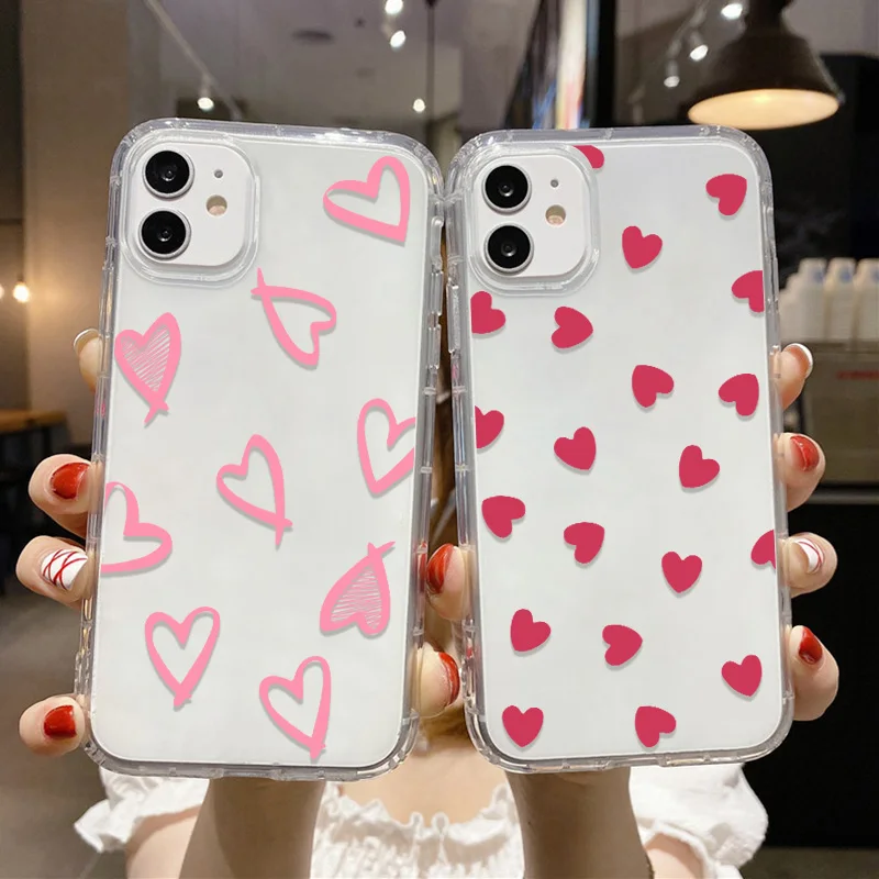 Clear Phone Case For iPhone 15 Case iPhone 13 14 11 12 16 15 Pro Max 12 13 Mini XR X XS 7 8 Plus SE Shockproof Love Heart Cover