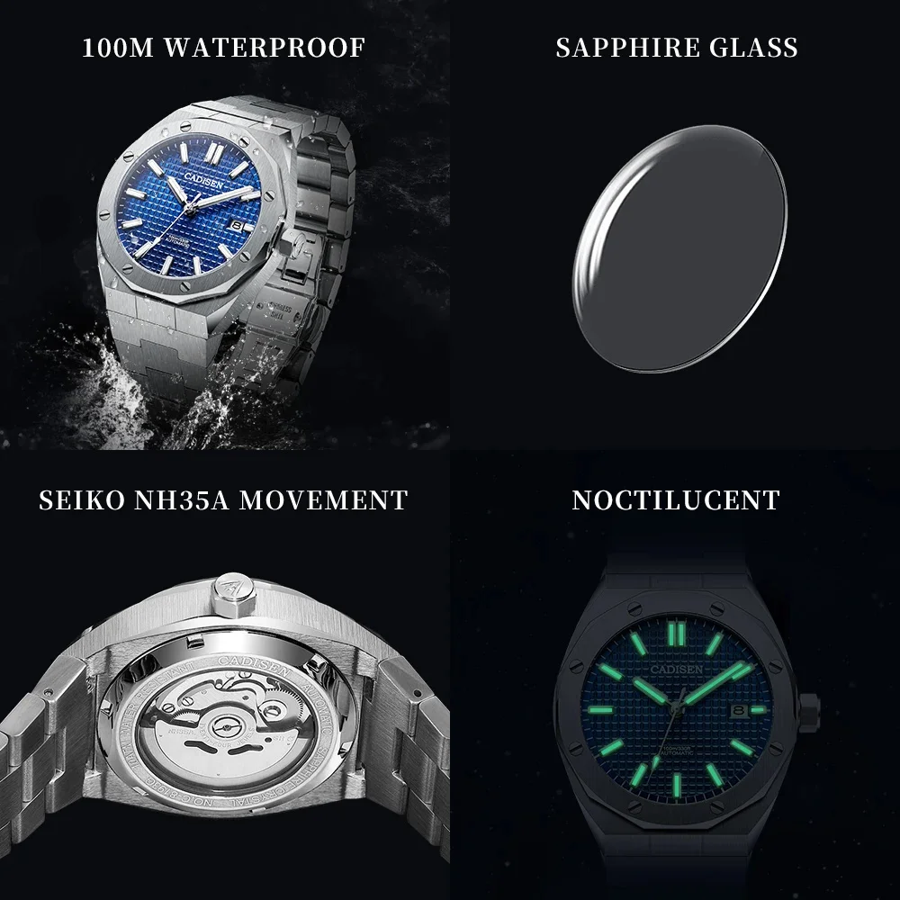 CADISEN 42MM Men Watches Japan NH35A Sapphire Glass Mechanical Automatic Blue Watch Men 100M Waterproof Luxury Casual Business W