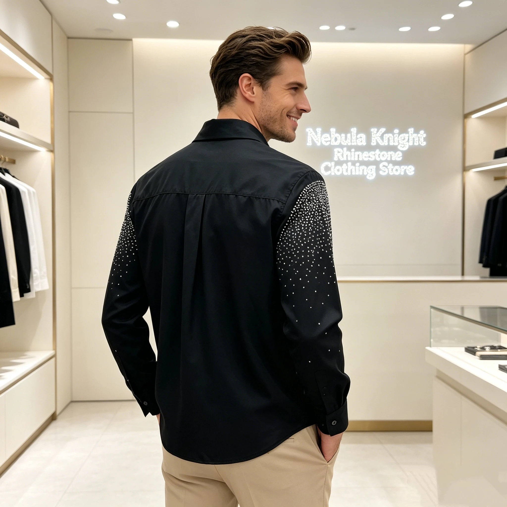 Slim Fit Men Long Sleeve Shirt Luxury Rhinestone Back Pattern Lapel Button Down Business Club Casual Street Dress Tops