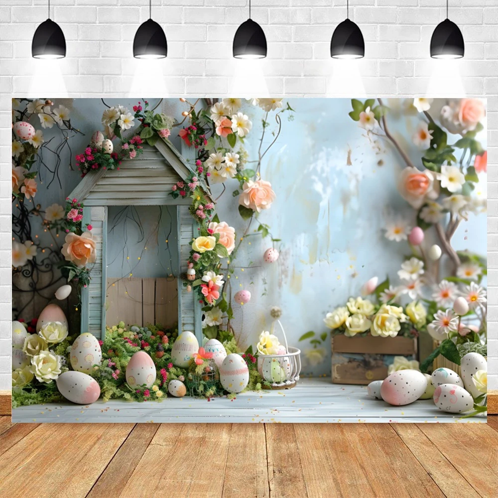 幸せなイースターデーの背景レンガの壁、木の板、春の花、ウサギ、イースターエッグ、ウサギの肖像画、写真の背景、子供のための小道具