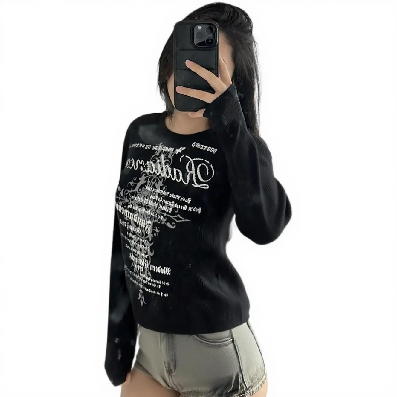 Emo Damen Top Y2k Star Girl Y2k Tops 90er Jahre Vintage Kleidung Langarm Shoujo Girl Style Damen T-Shirts Goth Gothic Harajuku