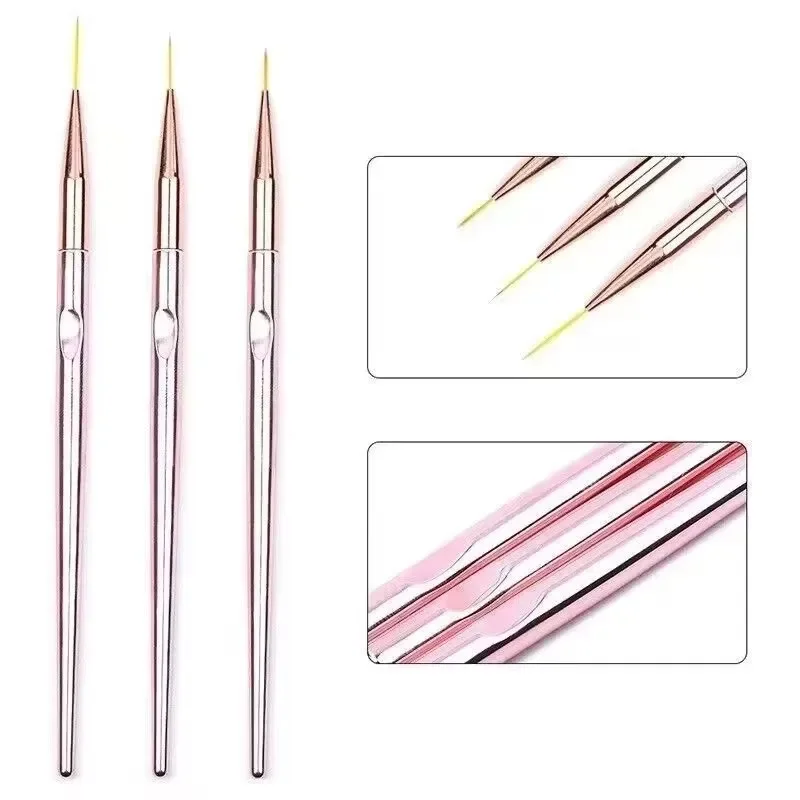 3pcs/set Rose Gold Nail Art Line Painting Brushes Metal Handle Thin Liner Drawing Pen DIY UV Gel Tips Design Manicure Tool Kits