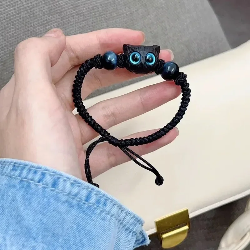Adjustable Braided Rope Cute Black Cat Charm Bracelet for Women Men Wrist Chain Bracelet Couple Lovers Gifts Fashion Jewelry