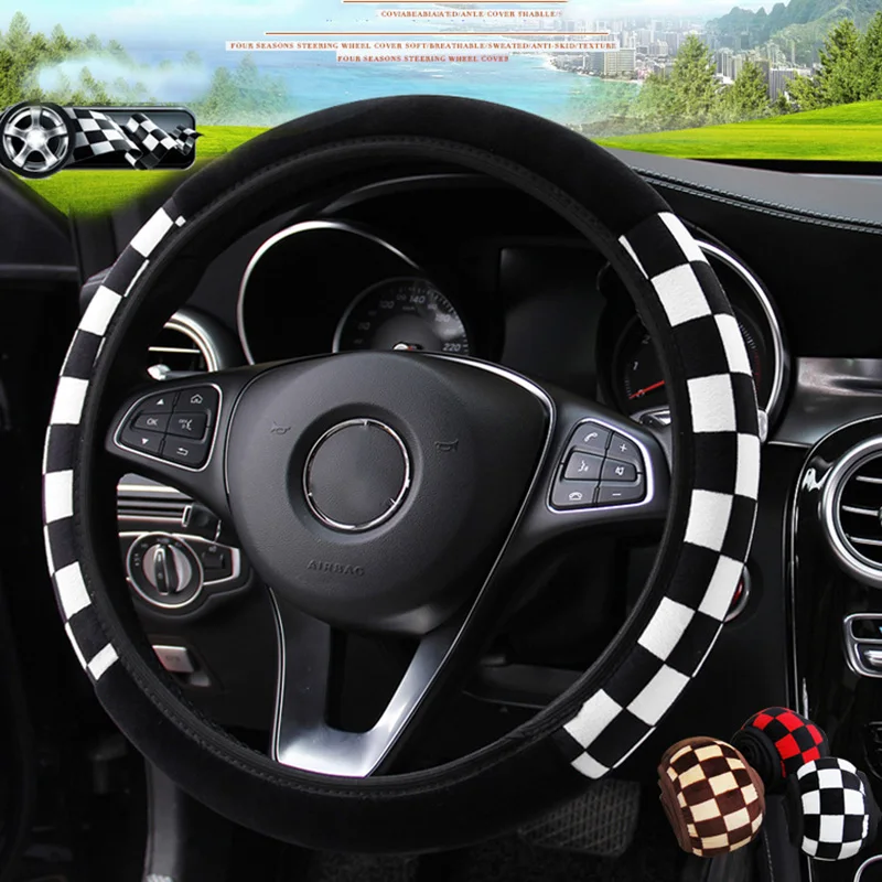 

Black White Grid Plush Car Steering Wheel Cover Sport Style Warm Auto Steering Wheel Protector Interior Decoration Accessories